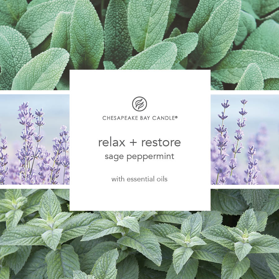 photo collage with text that reads chesapeake bay candle relax and restore sage peppermint with essential oils